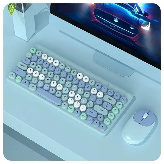 Teclado mecânico, 86 teclas, teclado colorido sem fio 2.4G com mouse, compacto para jogadores  anjgg