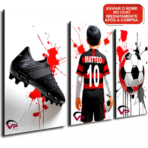 Quadros decorativos vermelho time futebol masculino criança menino chuteira com nome para quarto