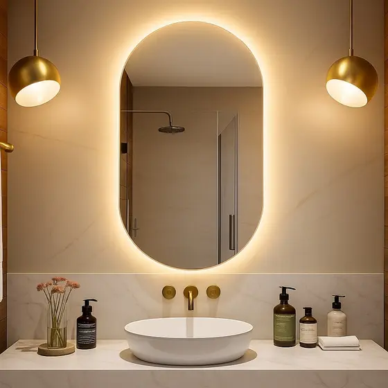 Espelho Oval Orgânico 80x50 cm com LED Quente ou Frio para Banheiro Lavabo Quarto Sala Decorativo