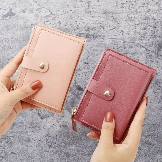 Carteira De Couro PU Feminina minimalista delicada e fina Ferrolho Coin Purse Bolso Com Zíper