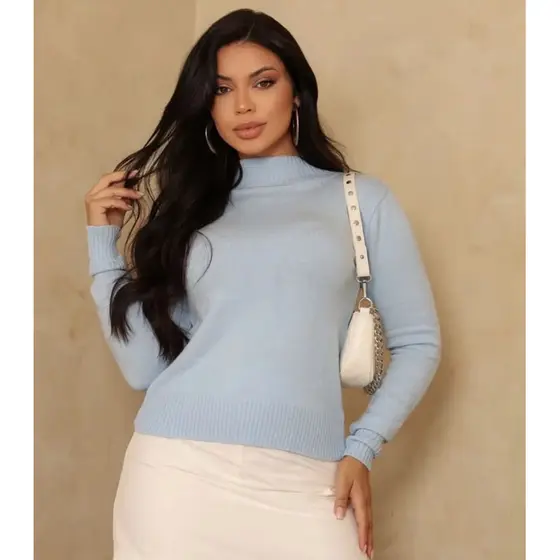 blusa de frio feminina Suéter delicado anne hatway de algodão em malha canelada azul bebê manga comprida e gola alta