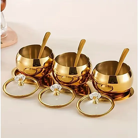Kit Potes Açúcar Condimentos Com Bandeija Aço Inox 304 Esférico Cozinha Luxuoso Moderno Organizador