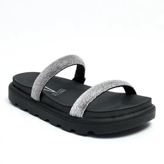 Papete Vizzano Feminina Strass Brilho Tratorada Original Preto e Prata 6459-86785