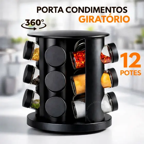 Porta Temperos Condimentos Giratório 12 Potes De Vidro Tampa Dosadora Preto