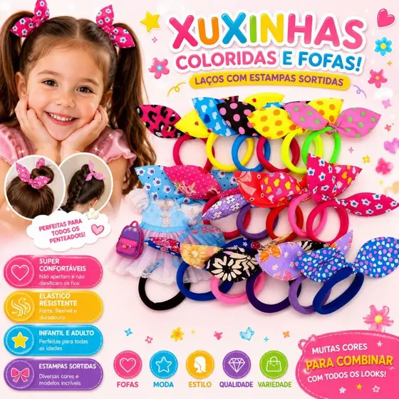 Kit 48 Unidades Xuxinhas Rabicó Elásticos Schrunchies Infantil e Adulto Sortidas Amarrador de Cabelo