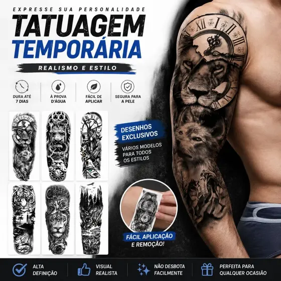 Tatuagem Falsas Temporária de Braço Completo Grande Tribal de Manga Corporal Dragão Tigre Leão Rei