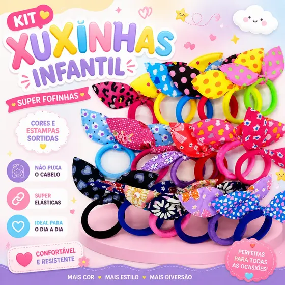 Kit 24/48/72/96 Xuxinhas com Lacinho Elásticos de Cabelo Rabicó Scrunchies Infantil
