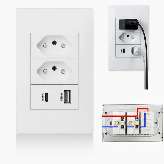 Tomada de Parede Dupla Com Entrada Usb e tipo C 5V Bivolt 4/1 Carregamento Rápido Multi Carregamento