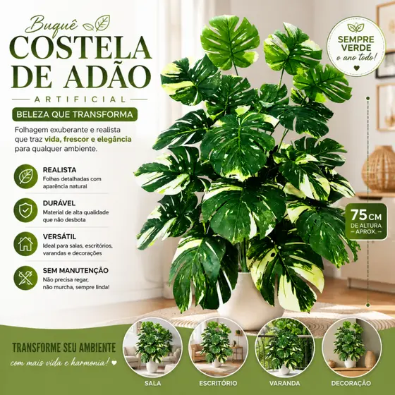Costela De Adão Artificial Buquê 75 Cm Verde Natural Planta Artificial