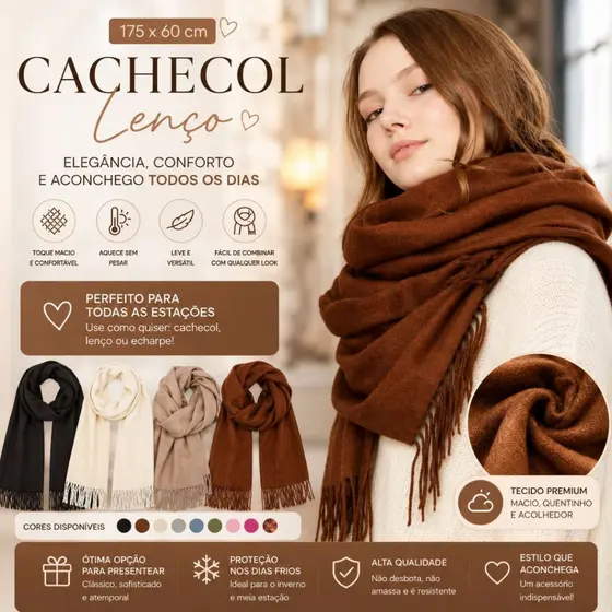 Cachecol Lenço Encharpe Feminino e Masculino Inverno com Franjas Estilo Elegante