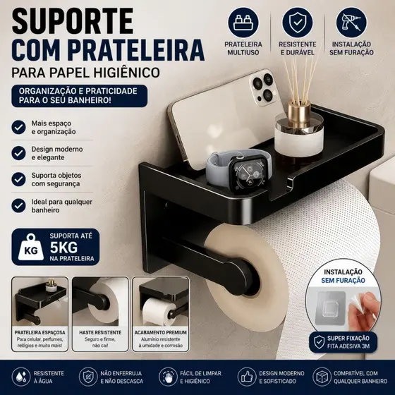 Suporte Porta Papel Higiênico com Suporte para Celular Fixação Sem Furo Com Adesivo