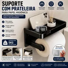 Suporte Porta Papel Higiênico com Suporte para Celular Fixação Sem Furo Com Adesivo