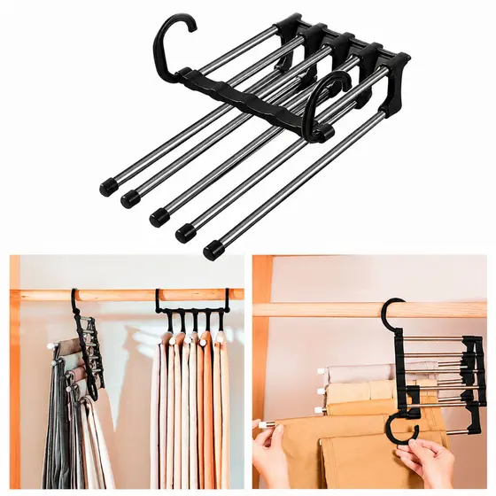 Cabide Para Calças Organizador Aço Inox Multifuncional Retrátil 5 em 1