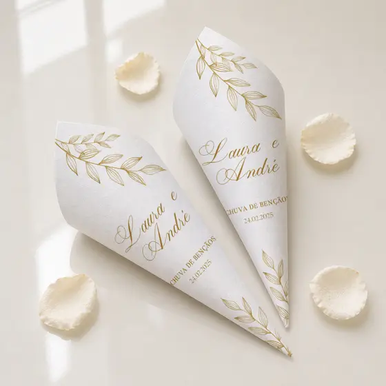 Cones de Pétalas e Arroz Personalizados para Casamento com Nomes e Data Chuva de Amor