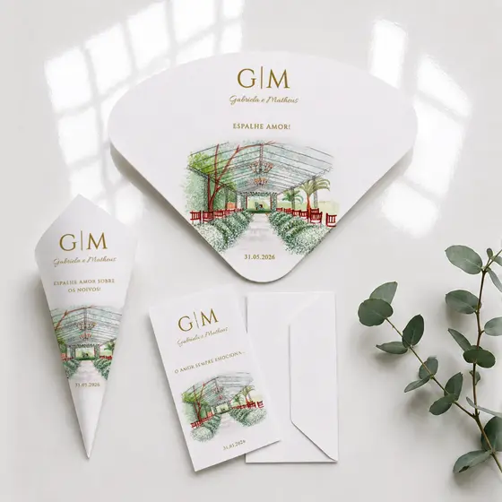 Kit Lenços Lágrimas de Alegria Ventarolas Leques e Cones de Pétalas Personalizado Casamento Aquarela