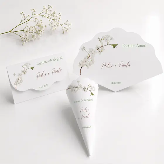 Kit Casamento Personalizado | Ventarola Leque, Lágrimas de Alegria e Cone para Pétalas Ondulado 2026