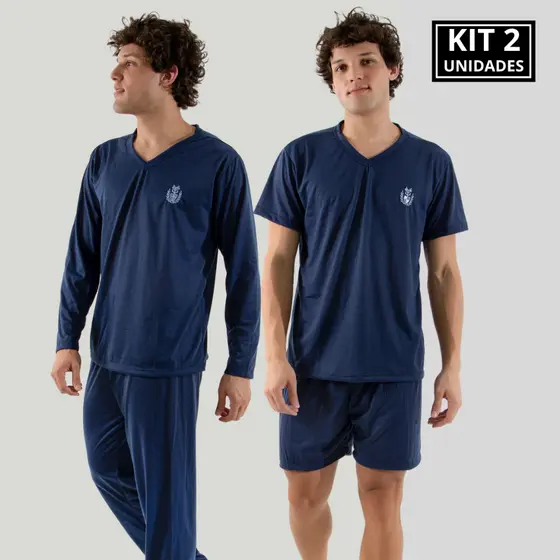 KIT 2 Pijamas Masculino Comprido + Curto Malha Confortável Verão e Inverno