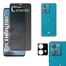 KIT Para Motorola Edge 40 Neo 5g | Película Privacidade Fosca 9D - Capa Anti Impacto - Película da Câmera 3D