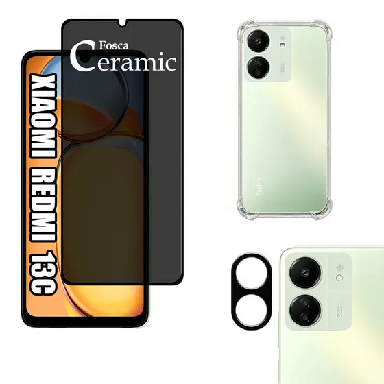 KIT Para Xiaomi Redmi 13C | Película Privacidade Fosca 9D - Capa Anti Impacto - Película da Câmera 3D