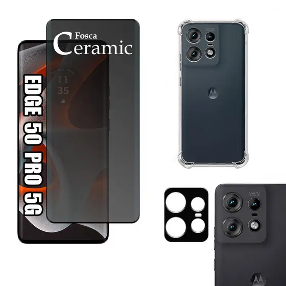 KIT Para Motorola Edge 50 Pro 5g | Película Privacidade Fosca 9D - Capa - Película da Câmera 3D
