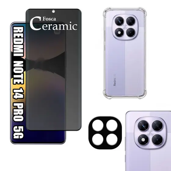 KIT Para Xiaomi Redmi Note 14 Pro 5G - Película de Privacidade Fosca 9D - Capa - Câmera