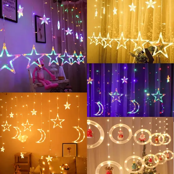 Cascata Led Pisca Pisca Cortina Luz RGB Amarela Decoração Natal Estrela Lua Papai Noel Neve Sacada