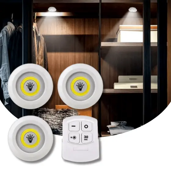 Kit Luminária 9 Lâmpada Led Sem Fio Armário Guarda-Roupa Ambiente Emergência c/Controle Branco Frio