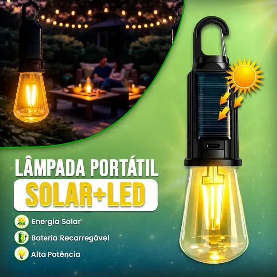 Lâmpada Solar LED Portátil Recarregável USB-C Resistente Água Camping Acampamento Trilha Campo