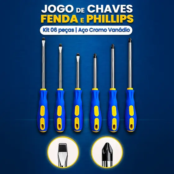Jogo de Chaves de Fenda e Phillips 6 Peças – Aço Cromo Vanádio com Ponta Magnética