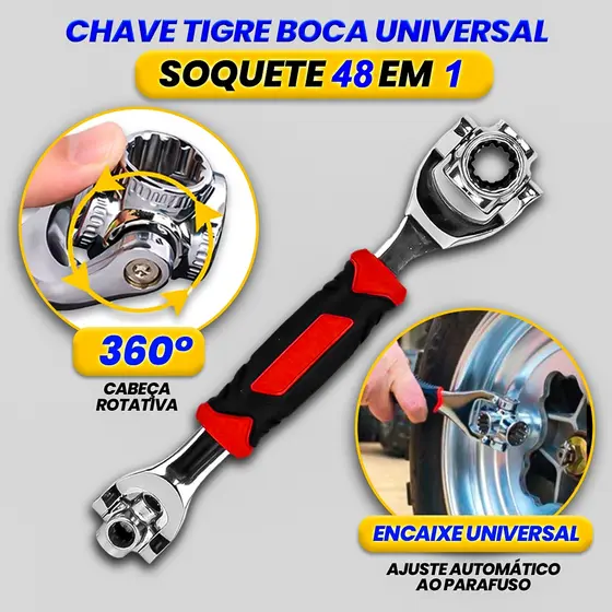 Chave Tigre Soquetes 48 em 1 Cabeça Giratória 360° Boca Universal Multifuncional Giro Aço Cromo