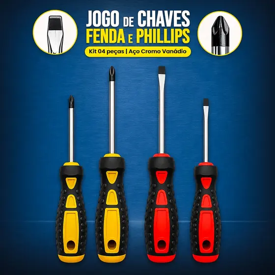 Jogo de Chaves de Fenda Phillips 4 Peças Magnéticas Aço Cromo Vanádio Cabo Emborrachado Anti-choque