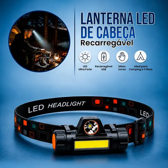 Lanterna LED Cabeça Recarregável USB Luz COB Ajustável Magnética IP65 Camping Trilha Pesca Mecânica