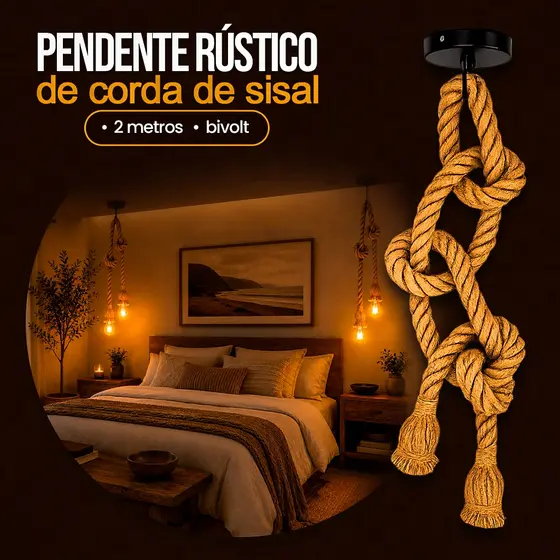 Pendente Rústico de Corda 2M Design Vintage Decorativo Americana 2 Soquetes E27 Teto Bivolt