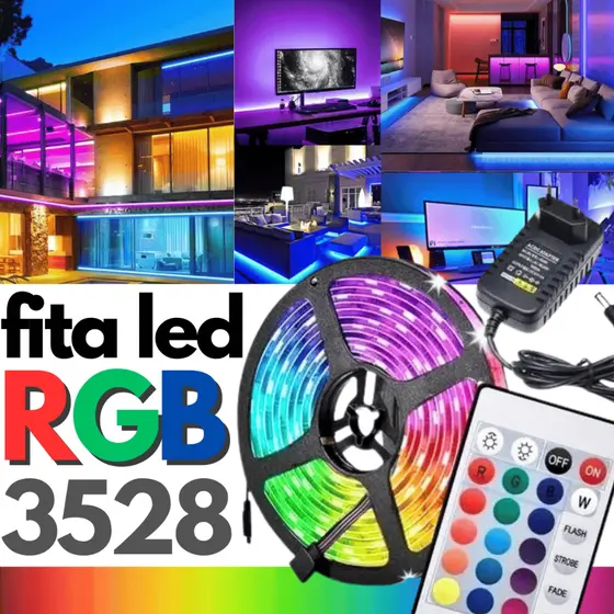 Fita de LED RGB 3528 5M 300 LEDs Silicone IP65 com Fonte Colorida 5 Metros Ambiente Moderno