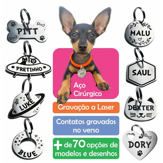 Placa De Identificação Pet / Cachorro / Gato / Gravada Laser