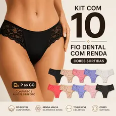 Kit 10 Calcinhas Fio Dental Feminina Renda Confortável Cores Sortidas