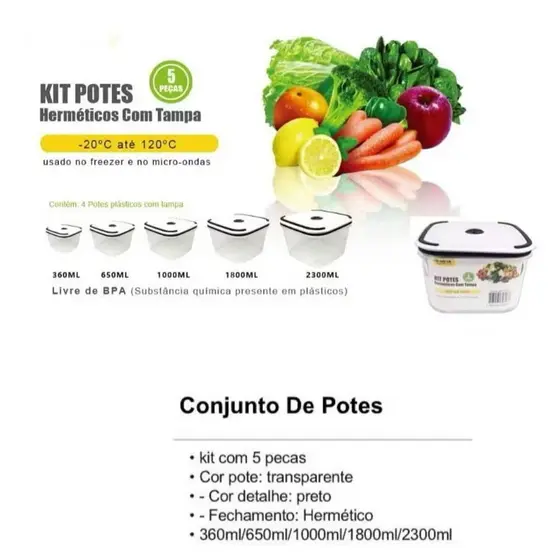 Kit 5 Peça Potes Herméticos Plastico Para Marmita Comida Mantimentos Micro-ondas Alimentos Geladeira