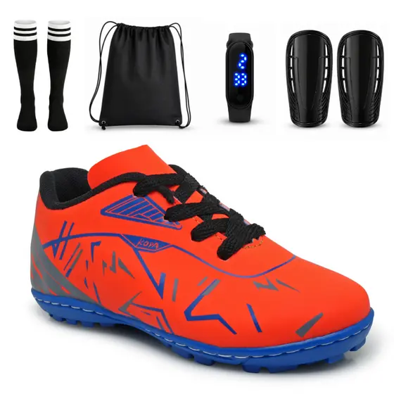 Kit Chuteira Infantil Masculino Campo Society Meião Mochila Relógio Caneleira Resistente Confortável
