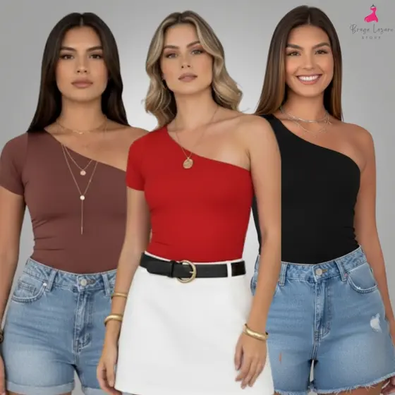 Kit Blusas Femininas Mula Manca Suplex com Forro Duplo Com Um Ombro Só Mula Manga Blogueira Básica