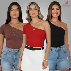 Kit Blusas Femininas Mula Manca Suplex com Forro Duplo Com Um Ombro Só Mula Manga Blogueira Básica
