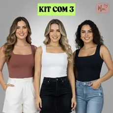 KIT 3 Blusa Regata Decote Quadrado Reto Suplex Premium Liso Lançamento Verão Moda Tendência