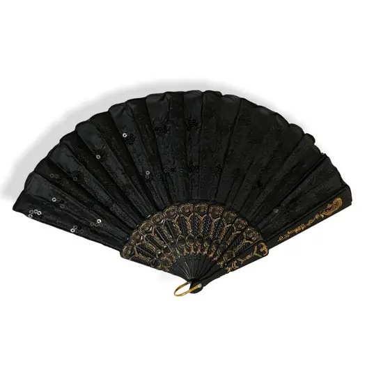 Leque Pomba Gira Cigana Preto Paetê Luxo Candomblé Umbanda