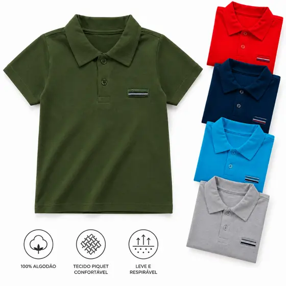 Polo Camisa B谩sica Blusa Beb锚 e Infantil, Algod茫o, Menino Casual, Batizado, Anivers谩rio, Casamento