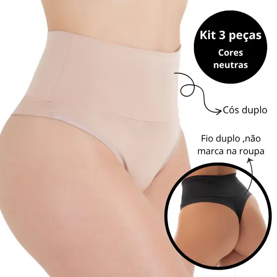 kit 3 Calcinhas Fio Duplo Modelo Cós Alto Cores Neutras Modeladora