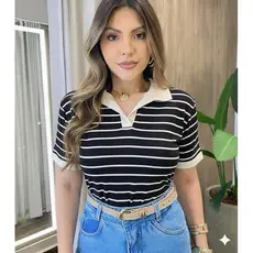 Camiseta blusa t shirt polo feminina listrada moda casual blogueira malha viscolycra confortavel dia a dia