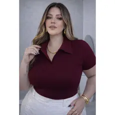 camiseta t shirt polo listrada canelada confortavel manga curta feminina dia a dia casual PLUS SIZE 007