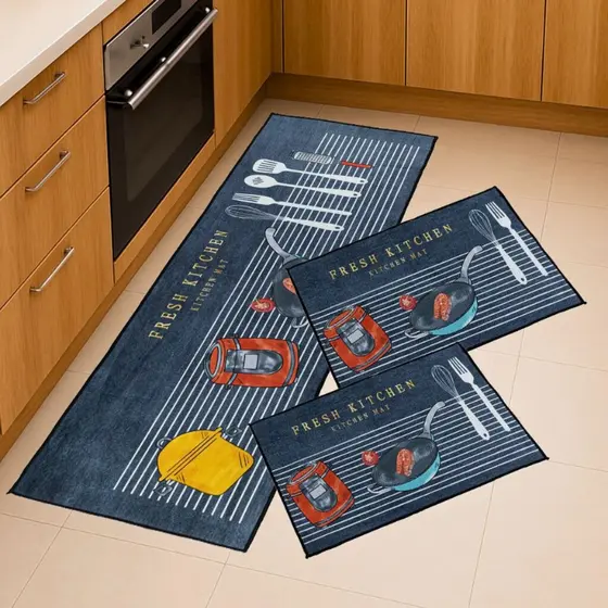 Jogo de Tapetes Passadeira Cozinha 3 Pçs Azul Utensílios Decoração Antiderrapante Macio Lavável Fofo