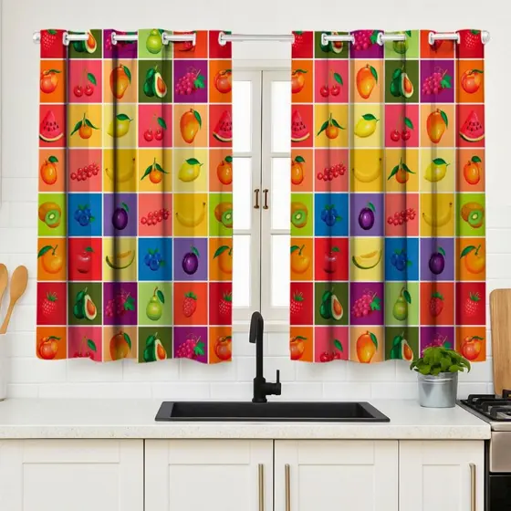 Cortina de Cozinha Frutas 2,00x1,00 Decoração Colorida Estampada Lavável Barato Macio Promoção Fofas
