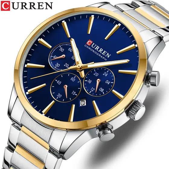 Relógio Cronógrafo Multifuncional CURREN Marca Luminoso Apontador Aço Inoxidável Moda Negócios Esportes Quartzo Impermeável 8435 X