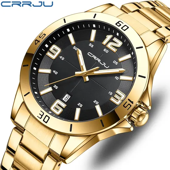 CRRJU Relógios Masculinos Marca Original Aço Inoxidável Ouro Luxo Moda Negócios Esportes Quartzo Impermeável 5003 X